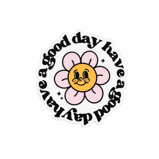 have a good day have a good day plastic add-on with smiling flower design, compatible with interchangeable badge reel bases for a positive floral accessory.