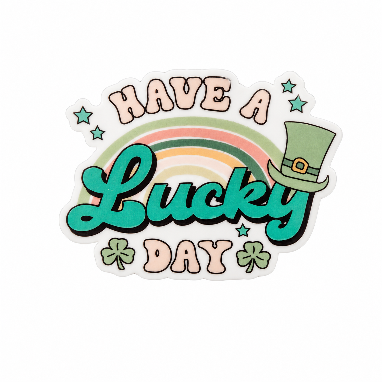 HAVE A Lucky DAY plastic add-on with rainbow, shamrocks, stars, and leprechaun hat, compatible with interchangeable badge reel bases.