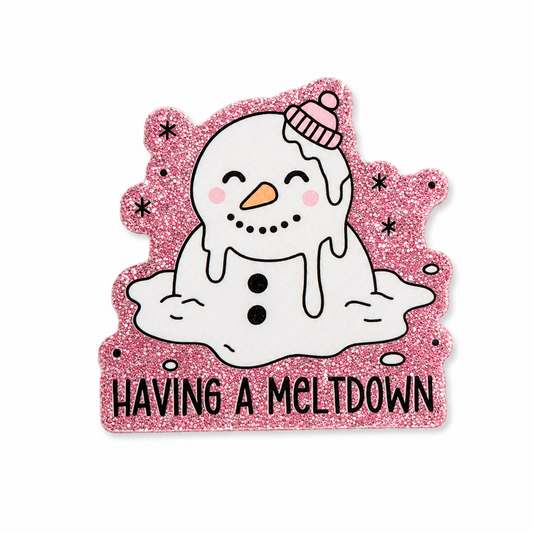 HAVING A MELTDOWN plastic add-on featuring a melting snowman on a pink glitter background, compatible with interchangeable badge reel bases and perfect for winter humor lovers.
