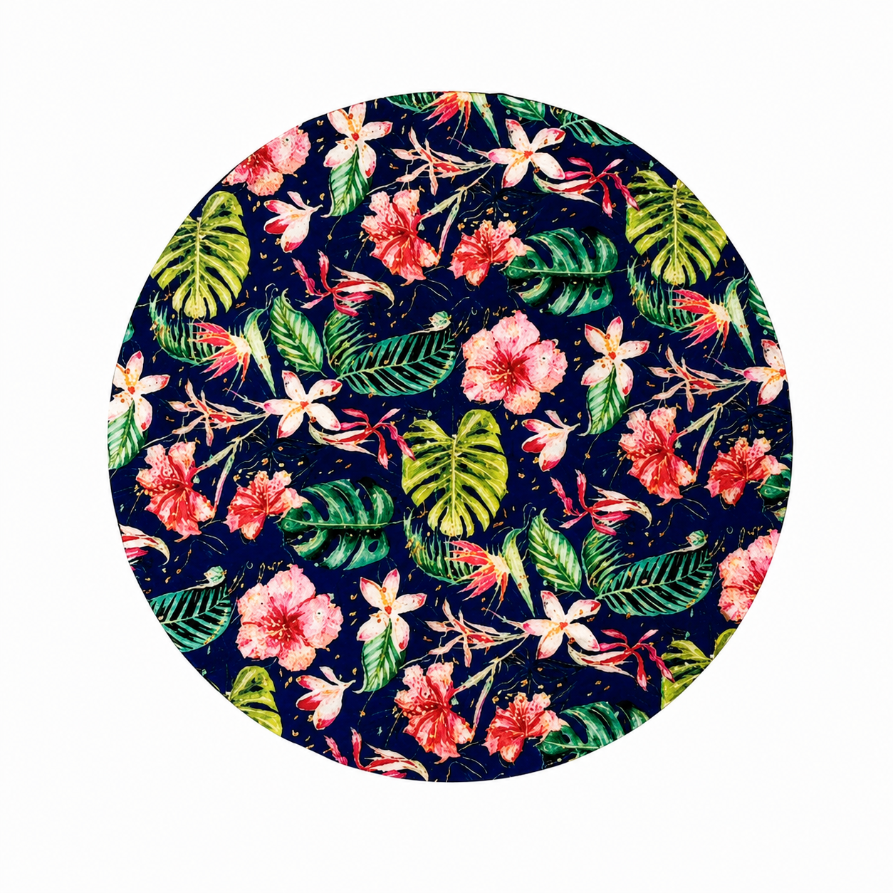 Hawaiian Flowers hard board add-on featuring hibiscus flowers, tropical leaves, monstera foliage, and botanical greenery on a navy background, compatible with interchangeable badge reel bases.