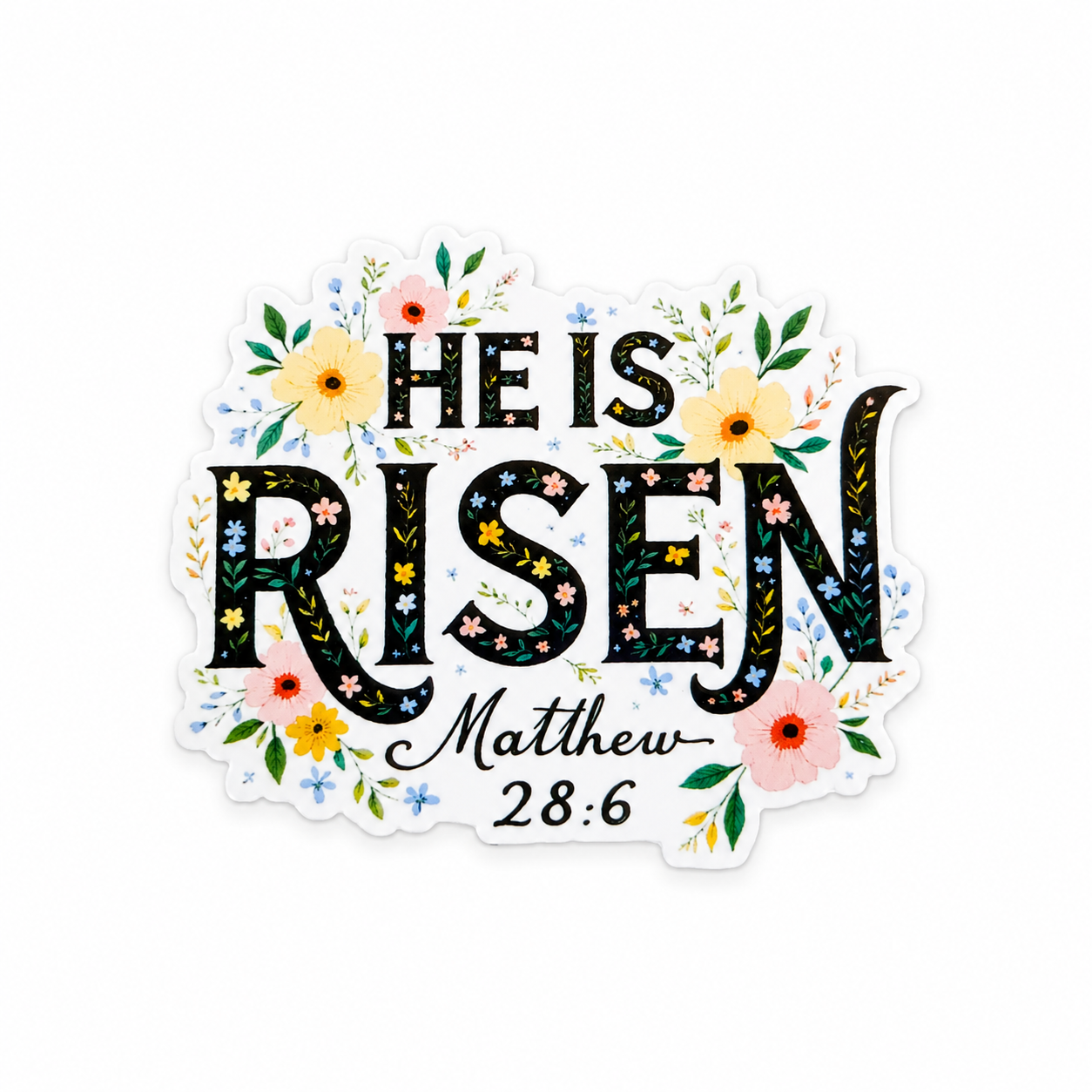 He Is Risen Matthew 28:6 plastic add-on featuring floral Christian Easter design, compatible with interchangeable badge reel bases, faith inspired nurse accessory and healthcare worker accessory