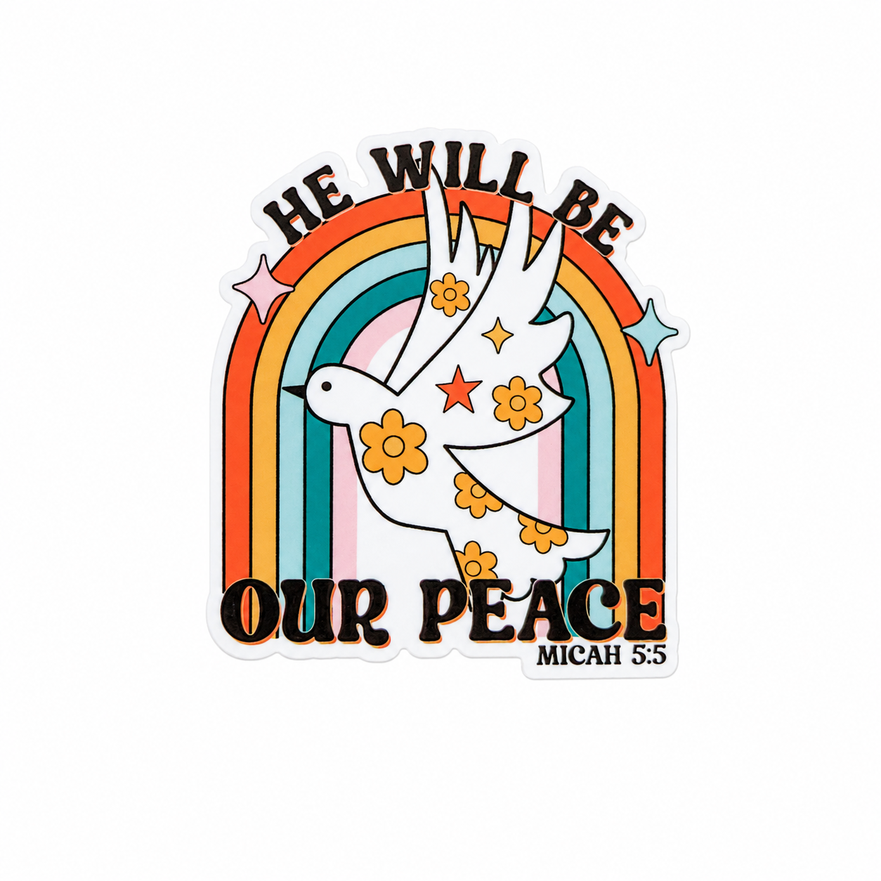 He Will Be Our Peace Micah 5:5 plastic add-on with white dove, rainbow, and flowers, compatible with interchangeable badge reel bases