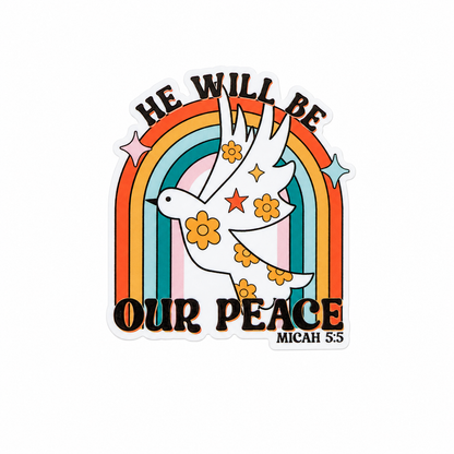 He Will Be Our Peace Micah 5:5 plastic add-on with white dove, rainbow, and flowers, compatible with interchangeable badge reel bases