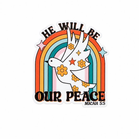 He Will Be Our Peace Micah 5:5 plastic add-on with white dove, rainbow, and flowers, compatible with interchangeable badge reel bases
