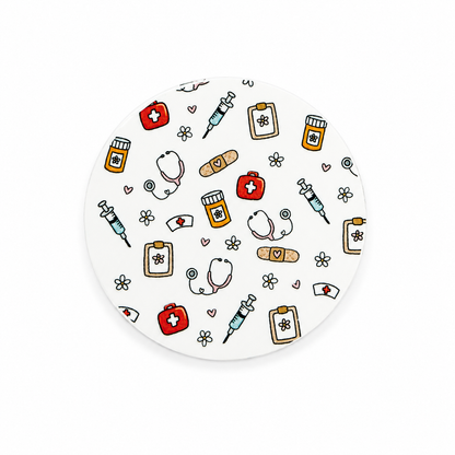Healthcare icons hard board add-on featuring stethoscopes, syringes, first aid kits, bandages, prescription bottles, and medical clipboards, compatible with interchangeable badge reel bases.