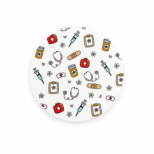 Healthcare icons hard board add-on featuring stethoscopes, syringes, first aid kits, bandages, prescription bottles, and medical clipboards, compatible with interchangeable badge reel bases.