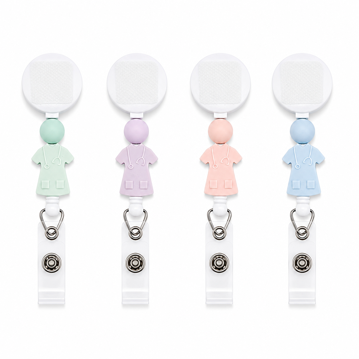 Pastel scrubs badge reel available in mint green, lavender, light pink, and light blue with matching beads, stethoscope designs, and white retractable reels.