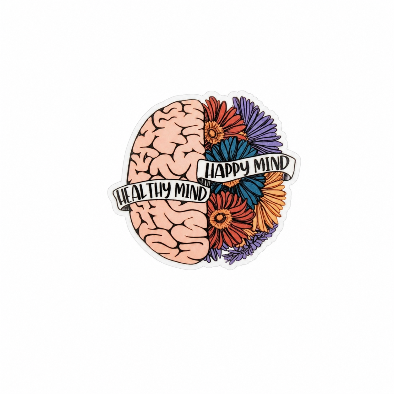 HEALTHY MIND HAPPY MIND plastic add-on with half-brain half-floral design, compatible with interchangeable badge reel bases for a mental health awareness accessory.