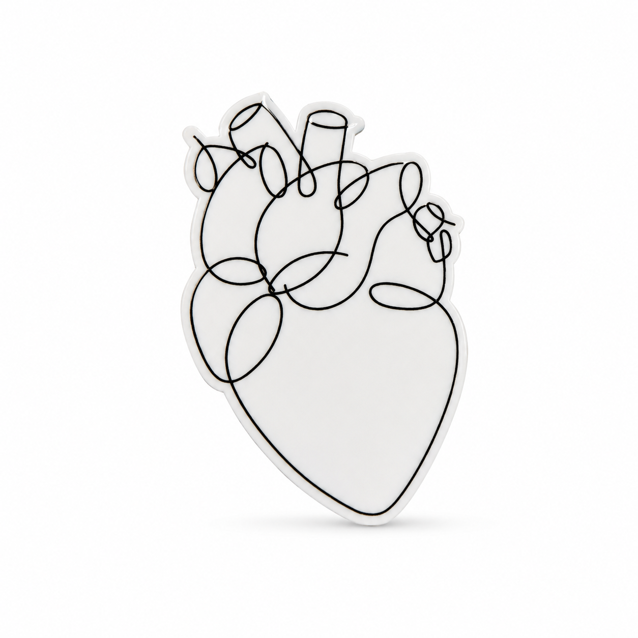 Anatomical heart plastic add-on with minimalist black line-art design, compatible with interchangeable badge reel bases for cardiology nurses and medical staff.