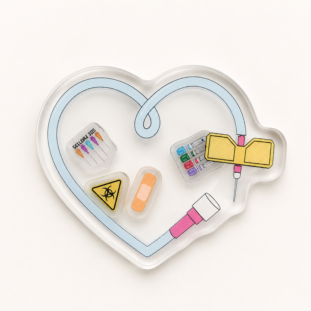 Heart-shaped healthcare plastic add-on with blood collection tubes, butterfly needle, and pastel medical-themed details for nurses and healthcare workers.