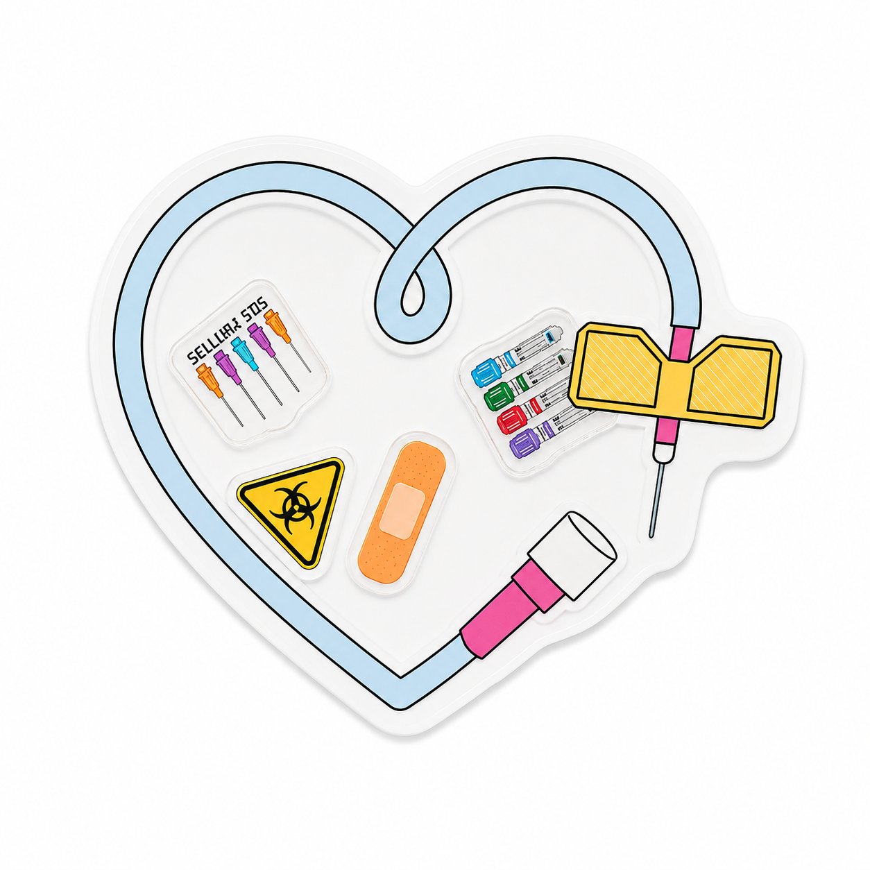 Heart-shaped healthcare plastic add-on with blood collection tubes, butterfly needle, and pastel medical-themed details for nurses and healthcare workers.