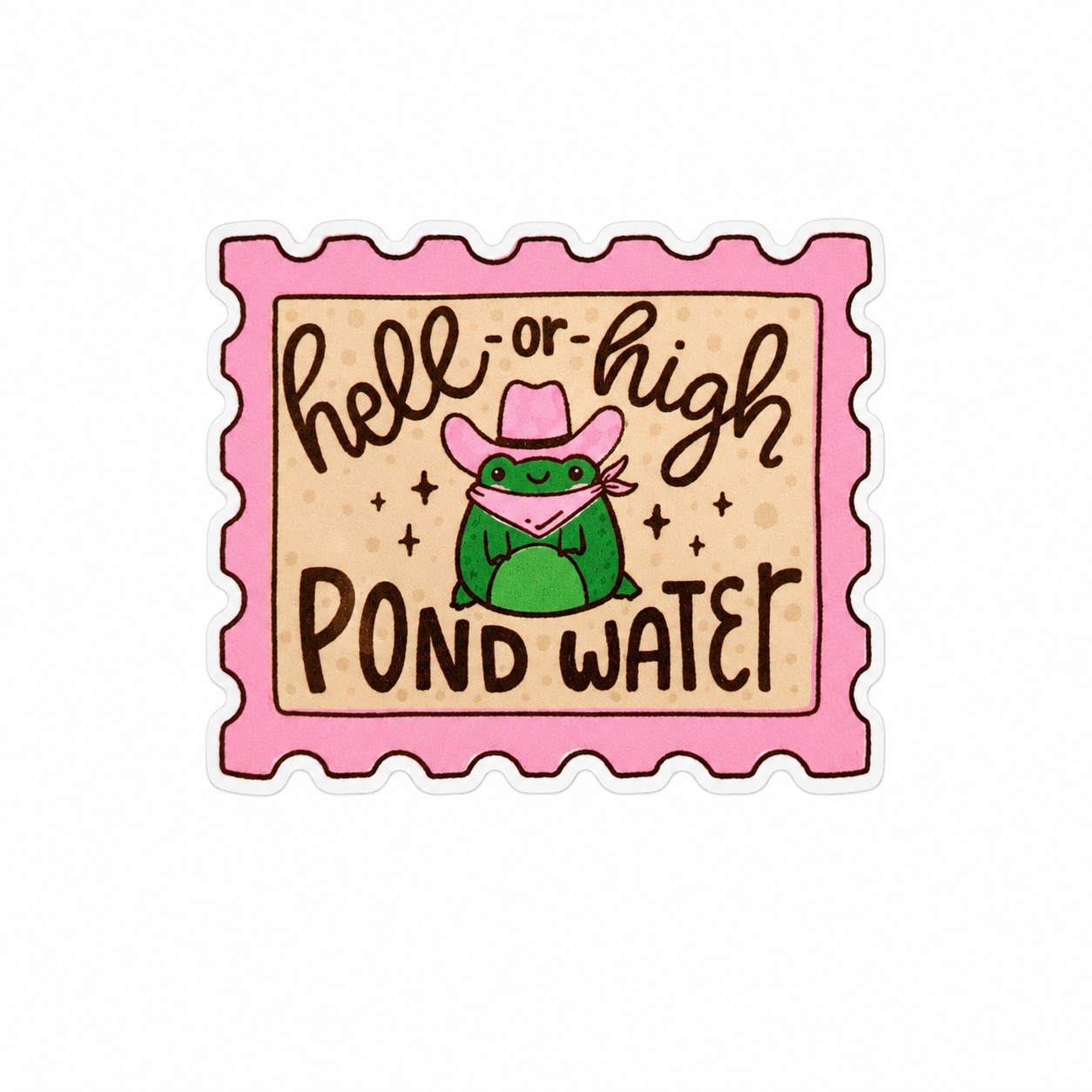 hell or high POND WATER plastic add-on featuring a cute frog wearing a pink cowboy hat and bandana, compatible with interchangeable badge reel bases, funny western animal accessory