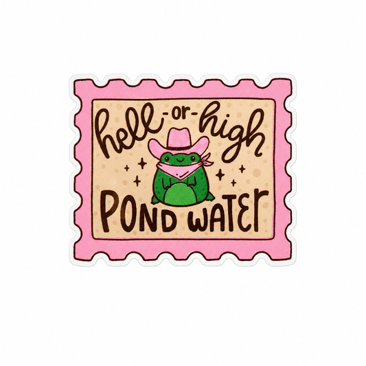 hell or high POND WATER plastic add-on featuring a cute frog wearing a pink cowboy hat and bandana, compatible with interchangeable badge reel bases, funny western animal accessory