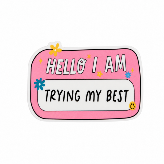 HELLO I AM TRYING MY BEST plastic add-on with flowers and smiley face design, compatible with interchangeable badge reel bases, mental health support accessory