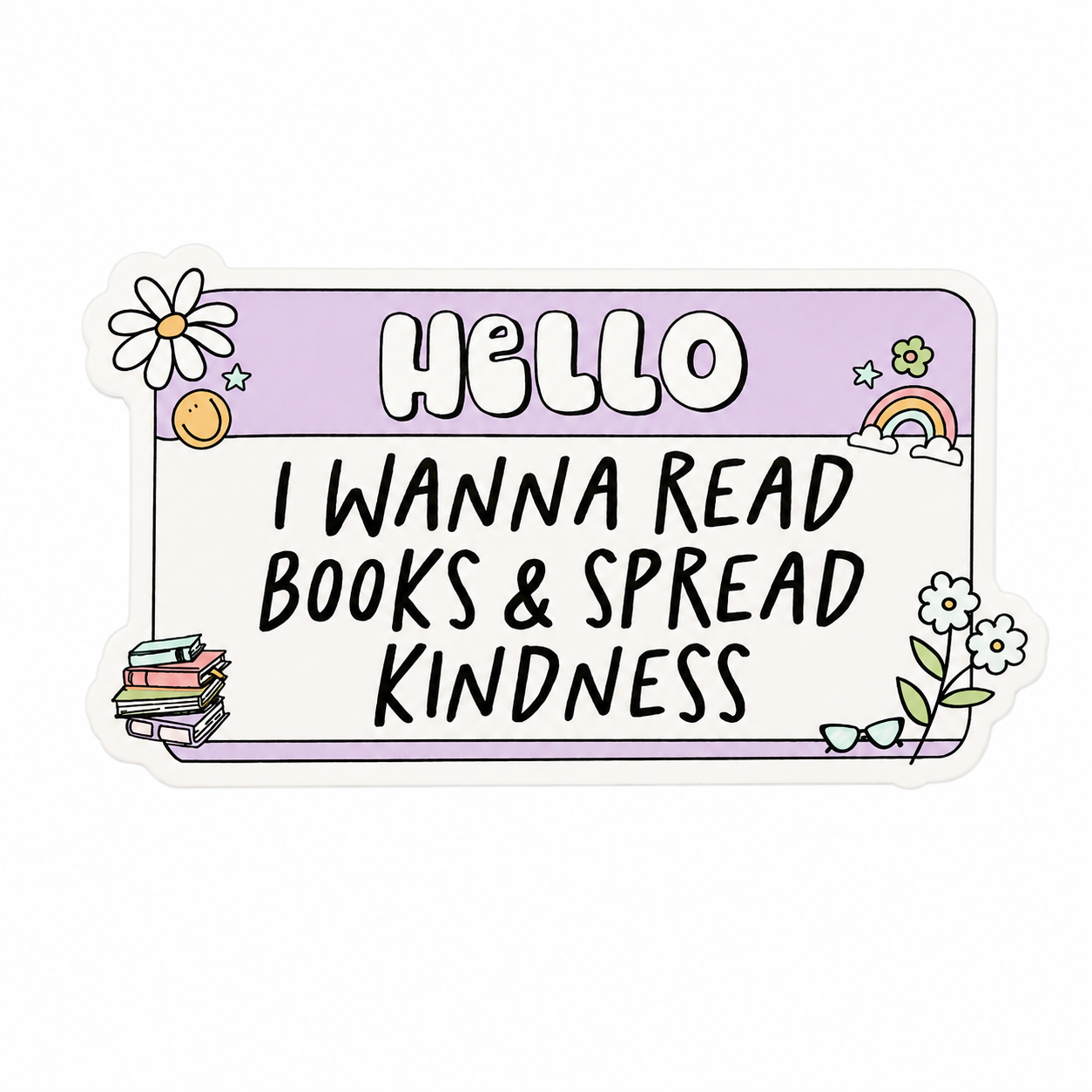 HELLO I WANNA READ BOOKS & SPREAD KINDNESS plastic add-on with books, flowers, rainbow, and pastel details, compatible with interchangeable badge reel bases.