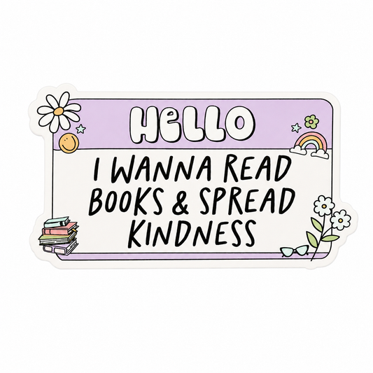 HELLO I WANNA READ BOOKS & SPREAD KINDNESS plastic add-on with books, flowers, rainbow, and pastel details, compatible with interchangeable badge reel bases.