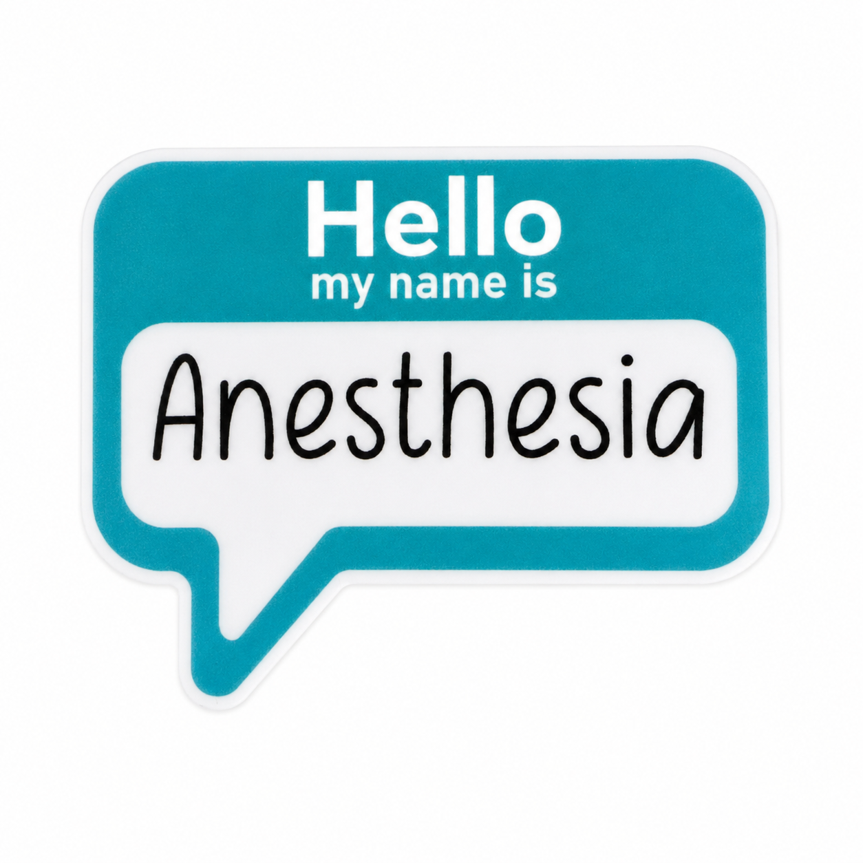 Hello my name is Anesthesia plastic add-on featuring a name tag design, compatible with interchangeable badge reel bases, anesthesia provider and healthcare worker accessory.