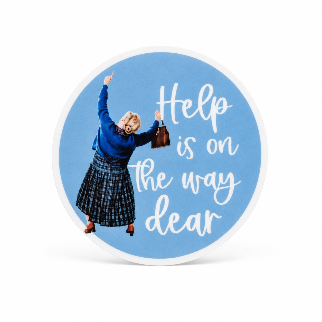Help is on the way dear plastic add-on with a playful blue design, compatible with interchangeable badge reel bases for EMS workers, EMTs, and paramedics
