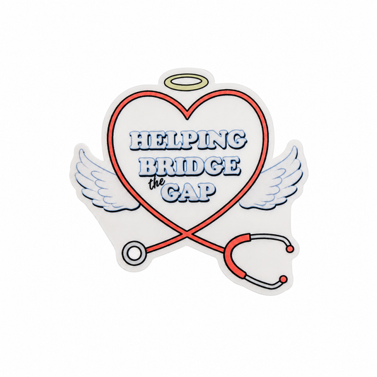 Helping Bridge the Gap plastic add-on with heart-shaped stethoscope, angel wings, and halo, compatible with interchangeable badge reel bases for healthcare workers and nurses.
