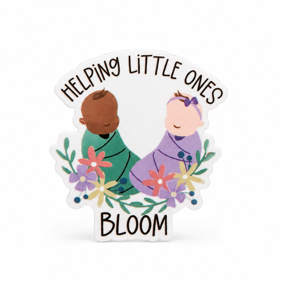 HELPING LITTLE ONES BLOOM pediatric nurse gift plastic add-on with two babies and colorful flowers, compatible with interchangeable badge reel bases.