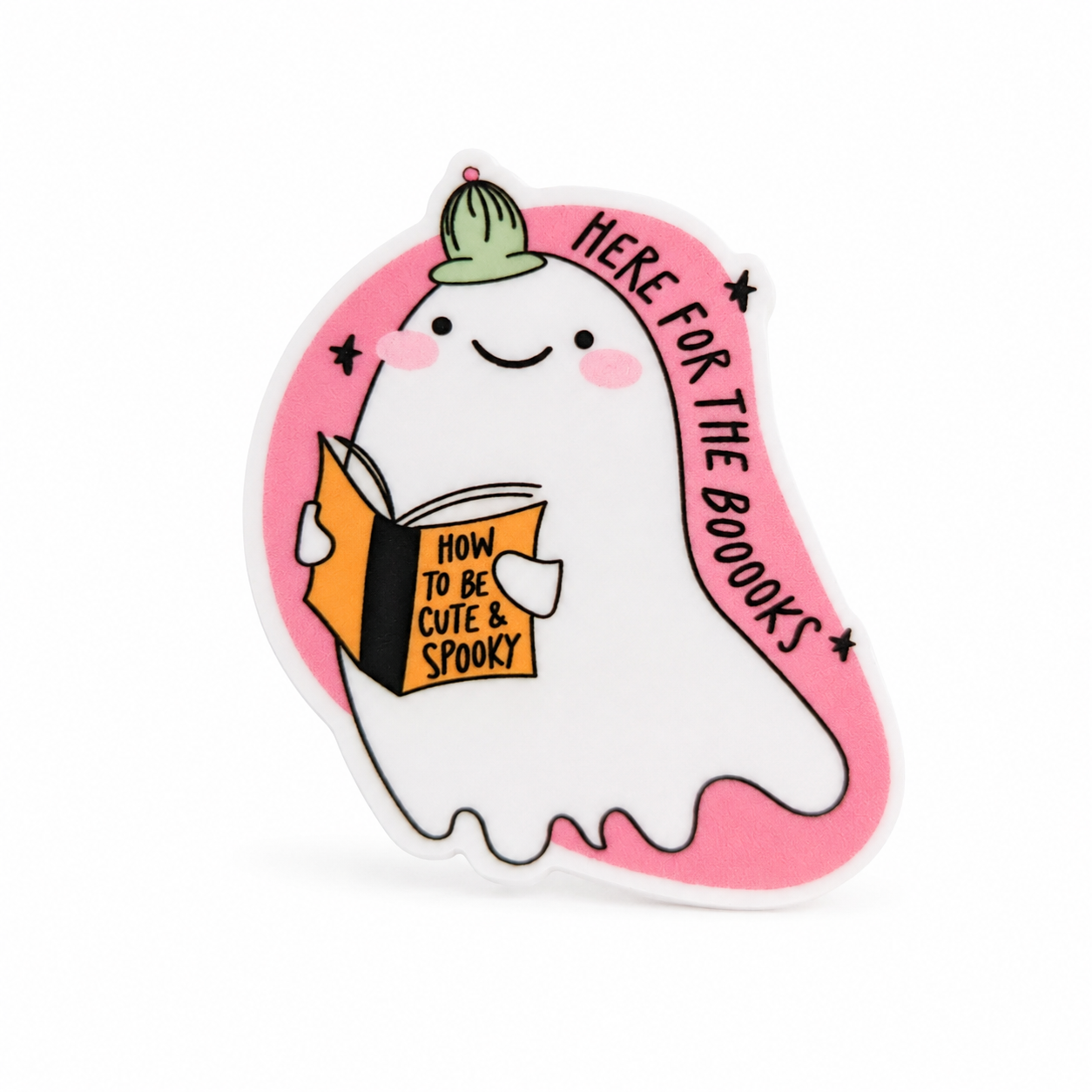 HERE FOR THE BOOKS plastic add-on with cute ghost holding a book, compatible with interchangeable badge reel bases for a spooky book lover accessory.