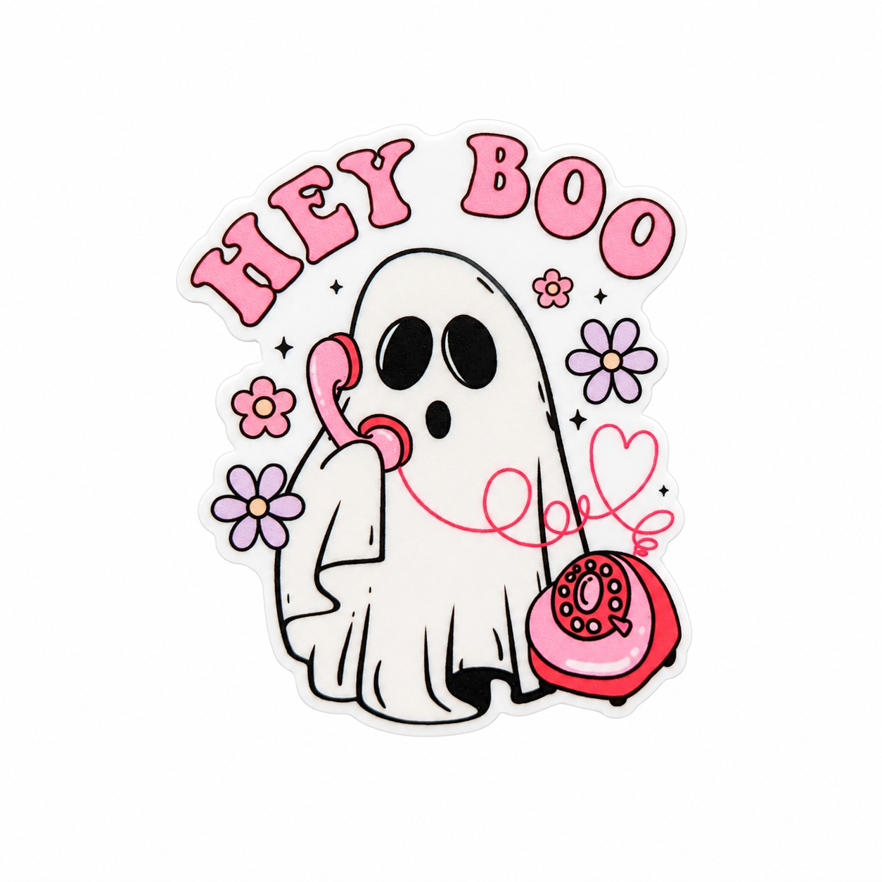 HEY BOO plastic add-on with cute ghost, pink phone, flowers, and Halloween details, compatible with interchangeable badge reel bases.