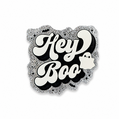 Hey Boo plastic add-on featuring a cute ghost, crescent moon, and silver glitter background, compatible with interchangeable badge reel bases and perfect for Halloween lovers.