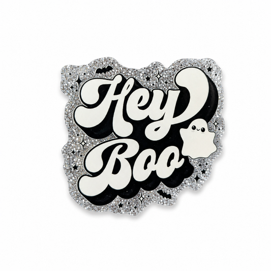 Hey Boo plastic add-on featuring a cute ghost, crescent moon, and silver glitter background, compatible with interchangeable badge reel bases and perfect for Halloween lovers.