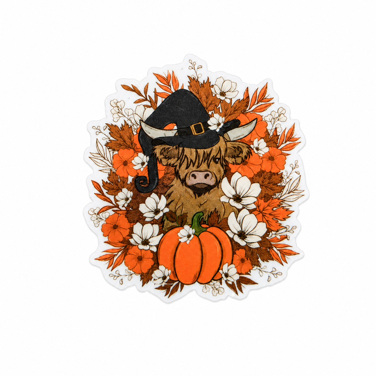 Highland cow plastic add-on featuring a witch hat, pumpkin, flowers, and autumn leaves, compatible with interchangeable badge reel bases for fall and Halloween lovers.