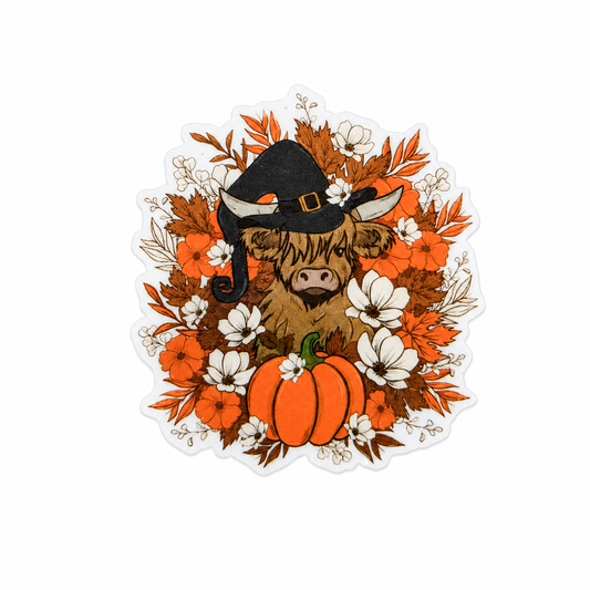 Highland cow plastic add-on featuring a witch hat, pumpkin, flowers, and autumn leaves, compatible with interchangeable badge reel bases for fall and Halloween lovers.