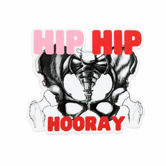 HIP HIP HOORAY plastic add-on with hip and pelvis bone illustration, compatible with interchangeable badge reel bases for ortho badge accessory.