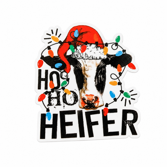HO HO HEIFER plastic add-on with Christmas cow, Santa hat, and colorful lights, compatible with interchangeable badge reel bases, funny cow lover accessory.