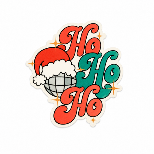 Ho Ho Ho plastic add-on with retro lettering, Santa hat, disco ball, and star accents, compatible with interchangeable badge reel bases.