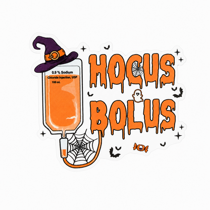 HOCUS BOLUS plastic add-on with orange IV bag, witch hat, ghost, bats, and spiderweb, compatible with interchangeable badge reel bases.