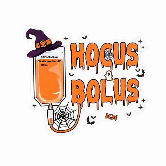 HOCUS BOLUS plastic add-on with orange IV bag, witch hat, ghost, bats, and spiderweb, compatible with interchangeable badge reel bases.