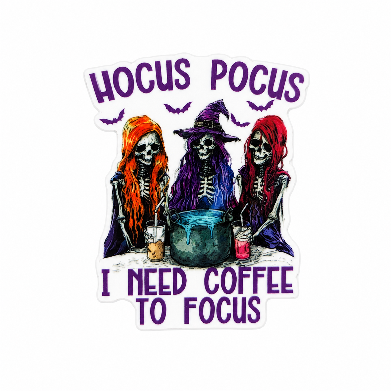 Plastic add-on featuring the text "HOCUS POCUS I NEED COFFEE TO FOCUS" with three witch skeletons around a cauldron, compatible with interchangeable badge reel bases and perfect for coffee-loving Halloween fans.