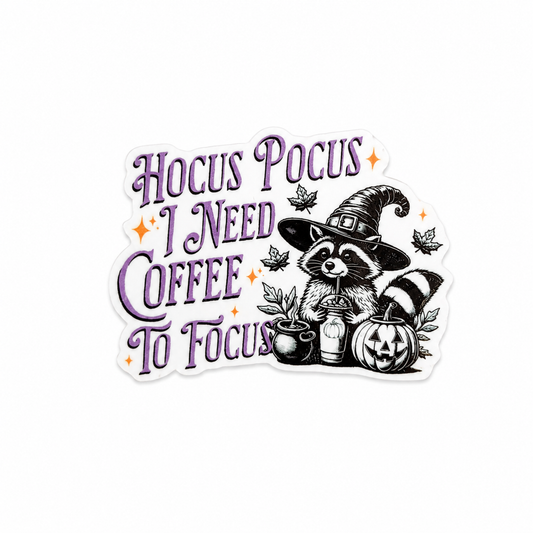 Hocus Pocus I Need Coffee To Focus plastic add-on featuring a witch raccoon, coffee cup, pumpkin, leaves, and Halloween theme compatible with interchangeable badge reel bases