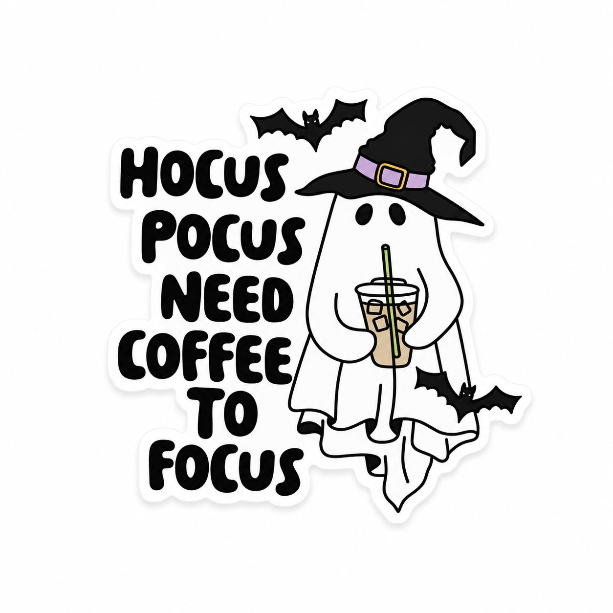HOCUS POCUS NEED COFFEE TO FOCUS plastic add-on with ghost, witch hat, iced coffee, and bats, compatible with interchangeable badge reel bases.