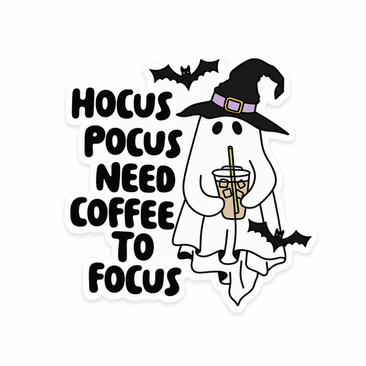 HOCUS POCUS NEED COFFEE TO FOCUS plastic add-on with ghost, witch hat, iced coffee, and bats, compatible with interchangeable badge reel bases.