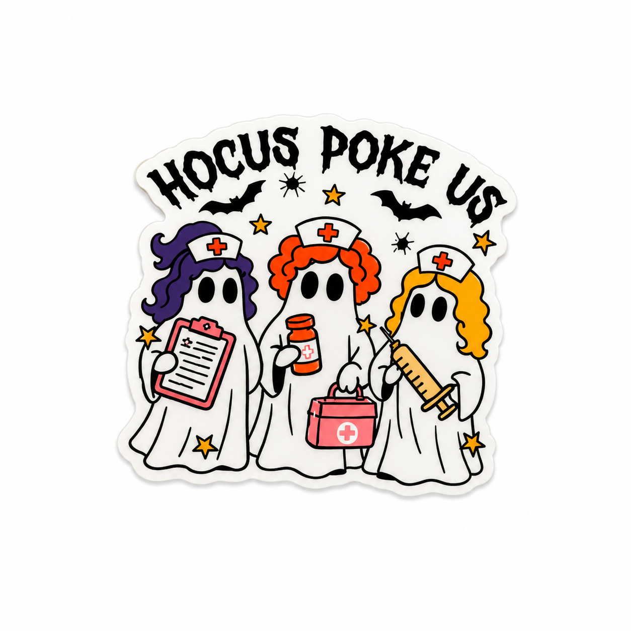“HOCUS POKE US” nurse ghost Halloween plastic add-on with spooky medical theme compatible with interchangeable badge reel bases