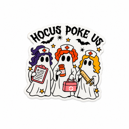 “HOCUS POKE US” nurse ghost Halloween plastic add-on with spooky medical theme compatible with interchangeable badge reel bases