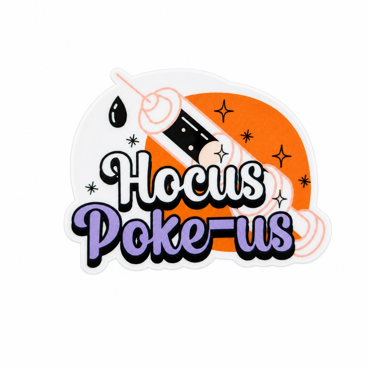 Hocus Poke-us plastic add-on featuring a syringe-inspired Halloween design with orange and purple accents, compatible with interchangeable badge reel bases and perfect for healthcare workers.