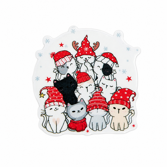 Plastic add-on featuring a group of festive cats wearing Christmas hats, scarves, and reindeer antlers, compatible with interchangeable badge reel bases and perfect for cat lovers.