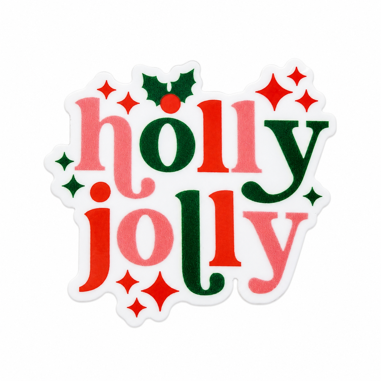 Holly Jolly Christmas plastic add-on with red, green, and pink lettering, compatible with interchangeable badge reel bases.