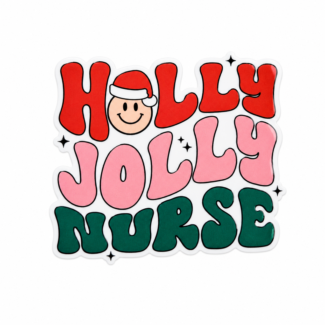 HOLLY JOLLY NURSE plastic add-on with red, pink, and green lettering and Santa hat smiley, compatible with interchangeable badge reel bases, Christmas nurse badge accessory.