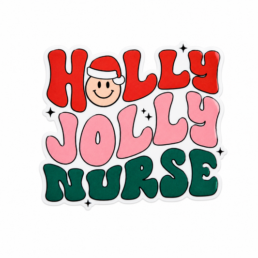 HOLLY JOLLY NURSE plastic add-on with red, pink, and green lettering and Santa hat smiley, compatible with interchangeable badge reel bases, Christmas nurse badge accessory.