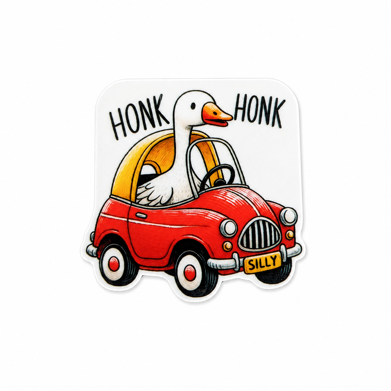 Plastic add-on featuring a goose driving a red car with the text HONK HONK and a SILLY license plate, compatible with interchangeable badge reel bases.