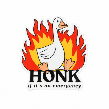 Plastic add-on featuring a goose standing in front of flames with the phrase "HONK if it's an emergency," compatible with interchangeable badge reel bases and perfect for animal lovers and fans of funny humor.