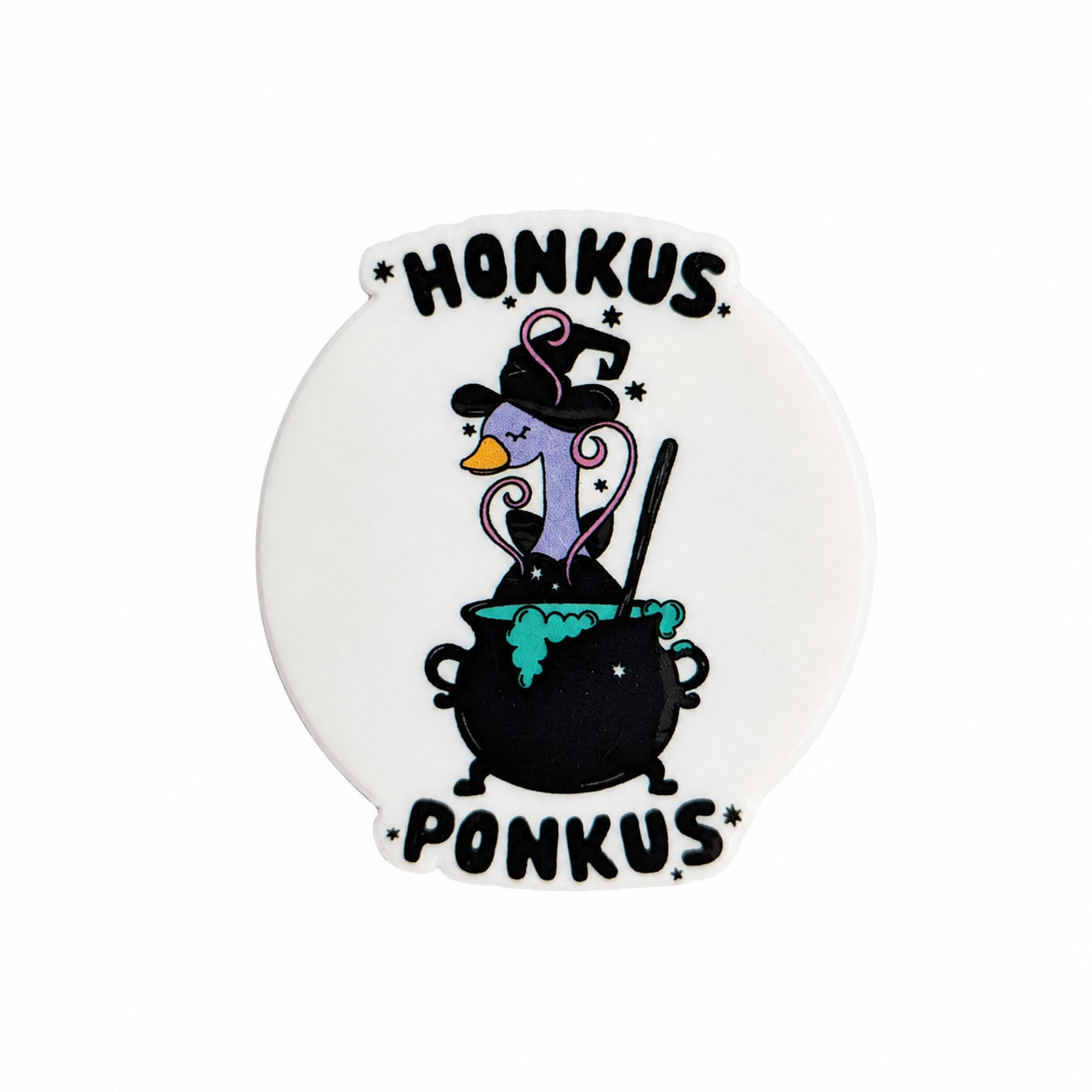 Honkus Ponkus plastic add-on featuring a witch goose in a bubbling cauldron, compatible with interchangeable badge reel bases, funny Halloween animal accessory