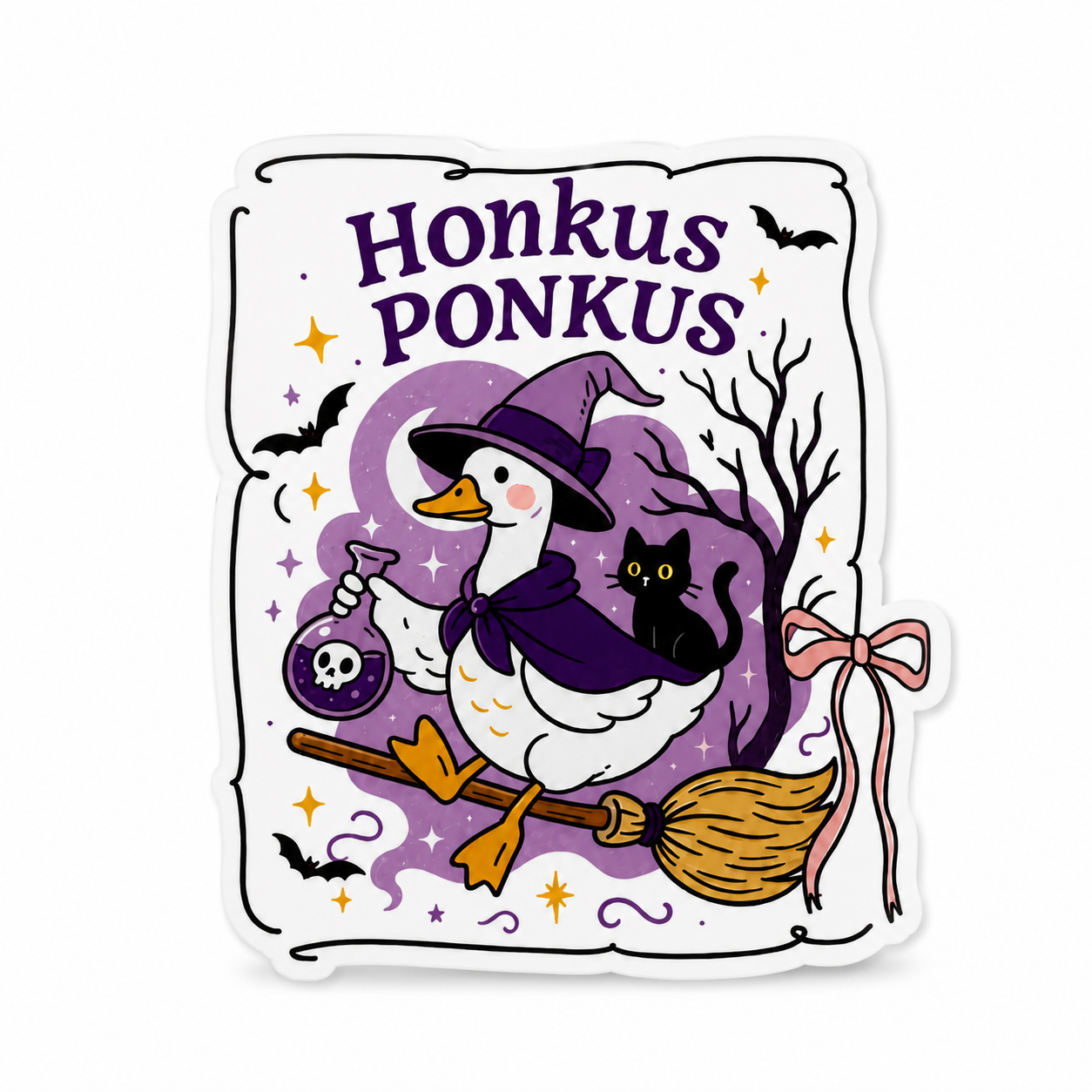 Honkus Ponkus plastic add-on featuring a witch goose on a broomstick with a black cat, potion bottle, bats, and compatible with interchangeable badge reel bases.